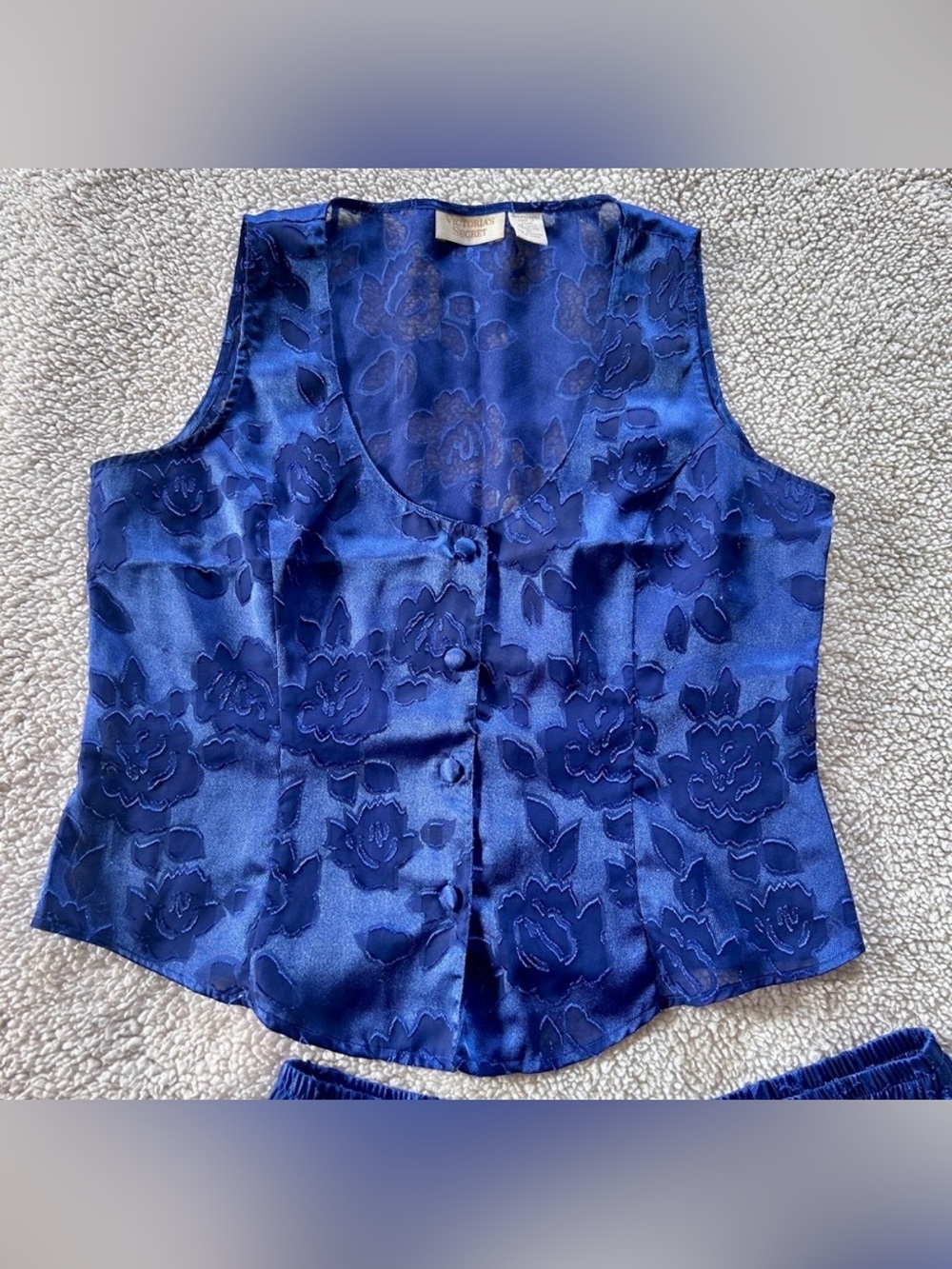 Victoria’s Secret Gold Label Vintage Set Blue Floral Burnout Button Up Vest - Picture 2 of 7
